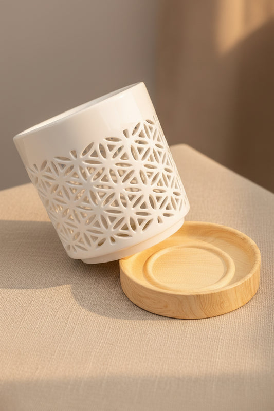 Brûle-Parfum Céramique Mandala - bac et socle bois