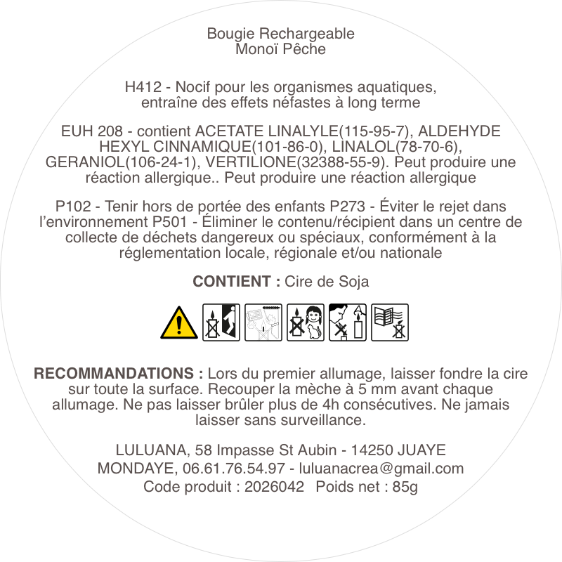 Bougie Rechargeable Monoï Pêche - étiquette CLP