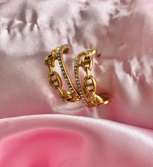 Boucles d'oreilles Évelyne Dorées - créoles triple rang chaîne marine et strass