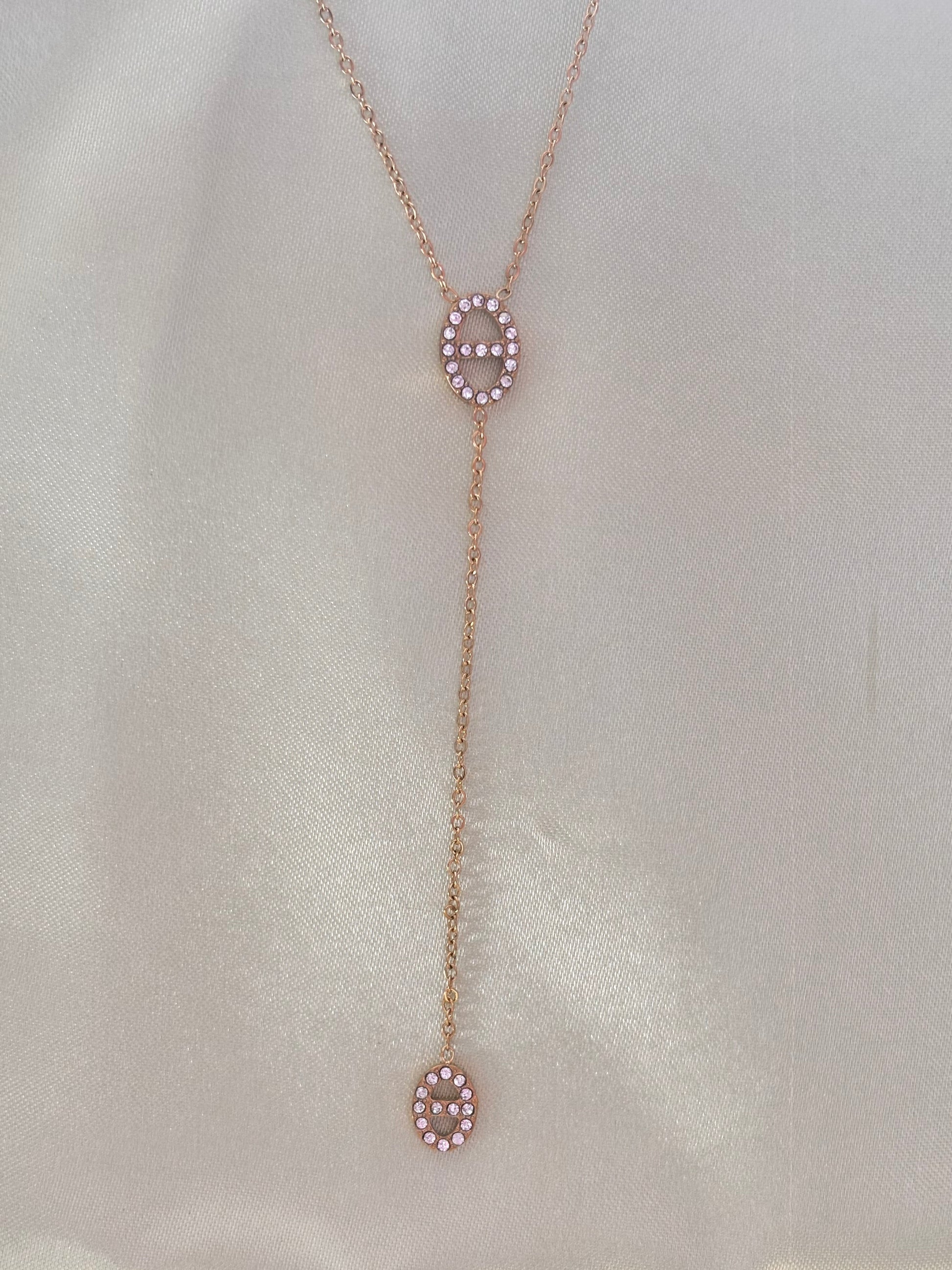 Sautoir Évelyna - vue de face lariat doré maillons marins strass