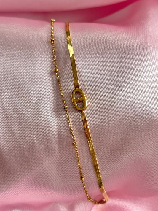 Bracelet Évelyne Doré - duo chaîne serpent et chaîne fine maillon marin