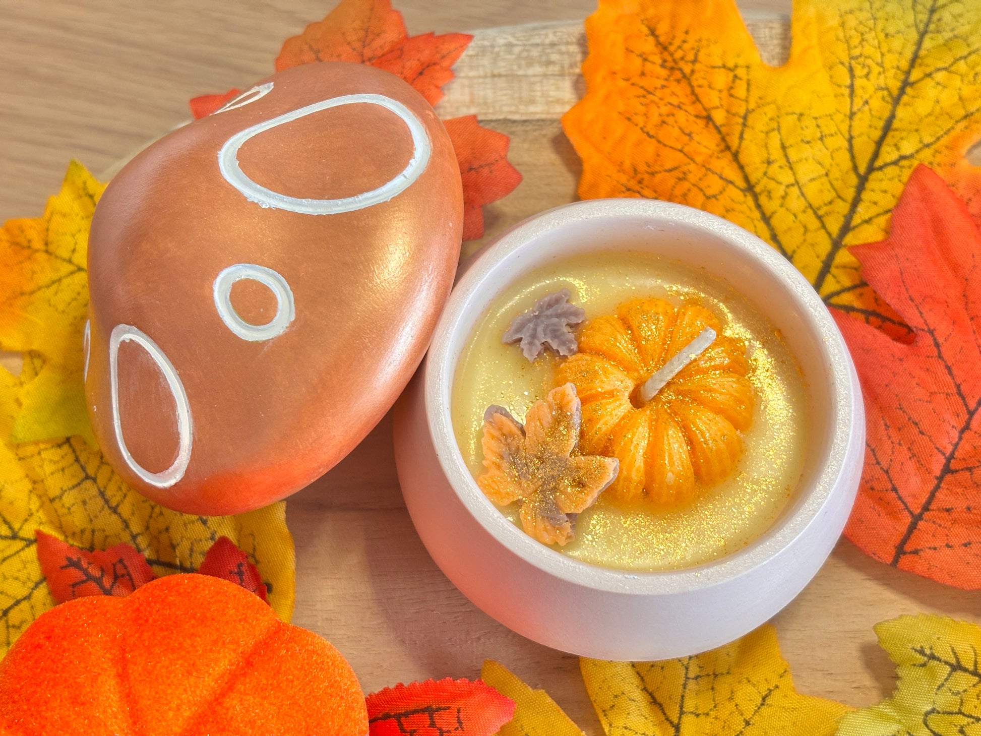 Bougie Minera Champignon sur plateau feuilles d'automne